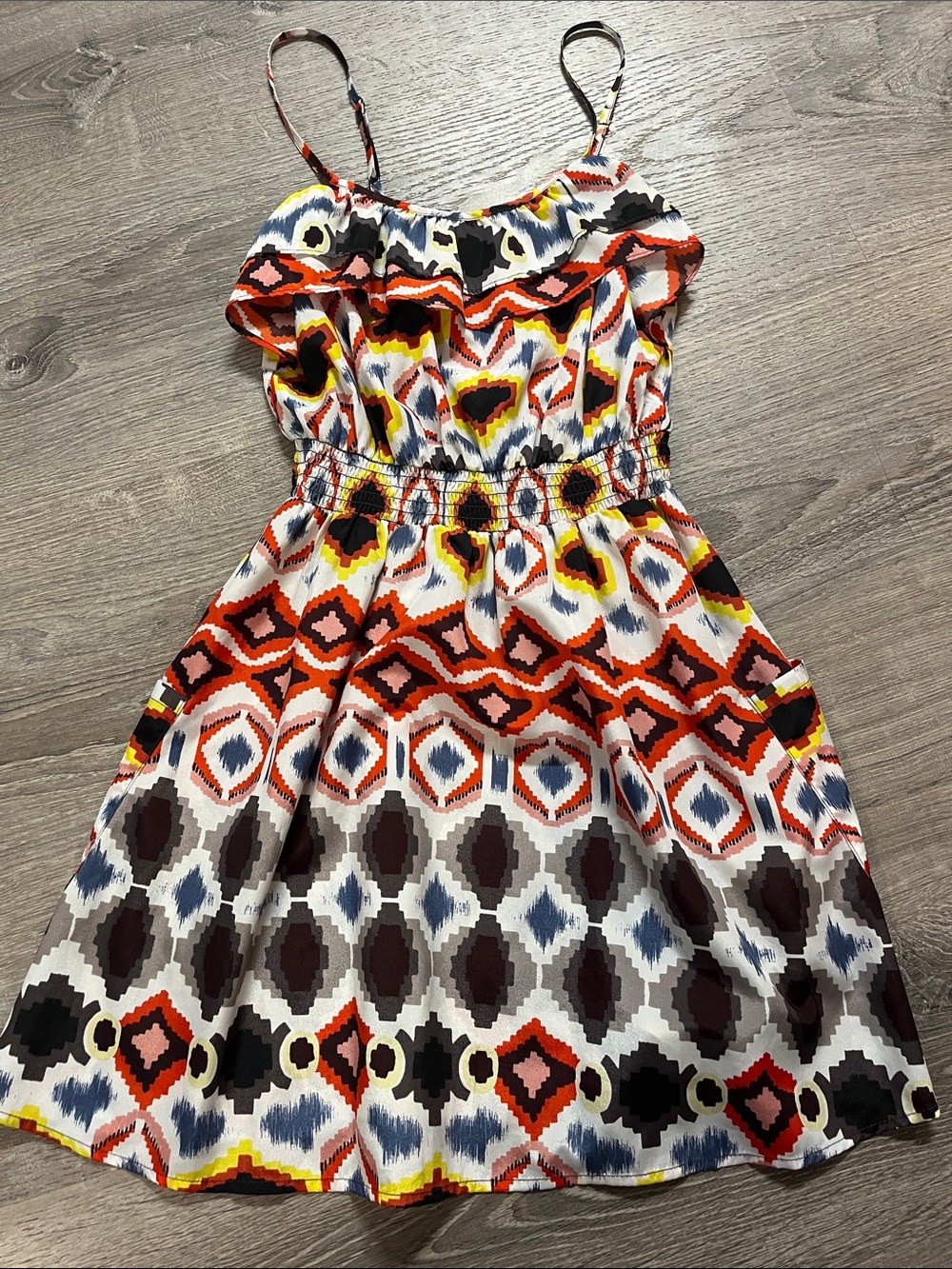 Xhilaration Multicolor Geometric Ruffle Sundress — Red, Yellow, Blue, Black